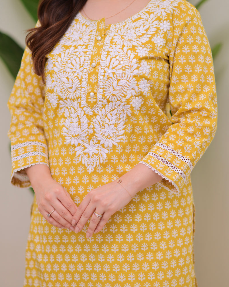 Yellow Lucknowi Cotton Gulnar Suit