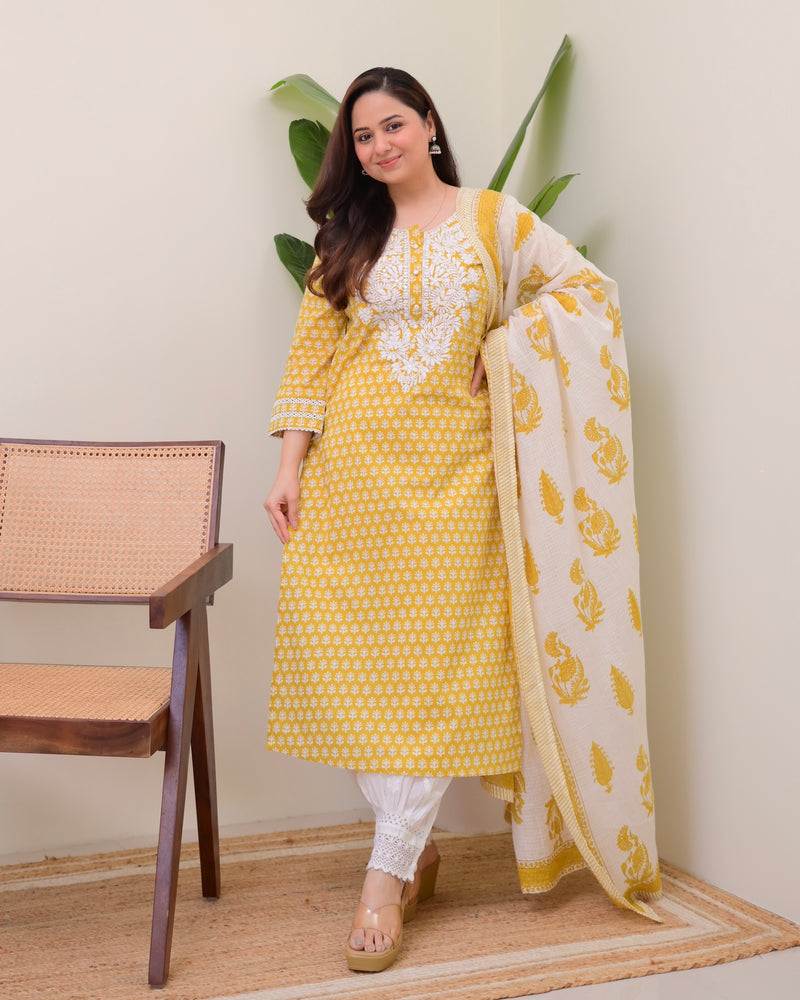Yellow Lucknowi Cotton Gulnar Suit