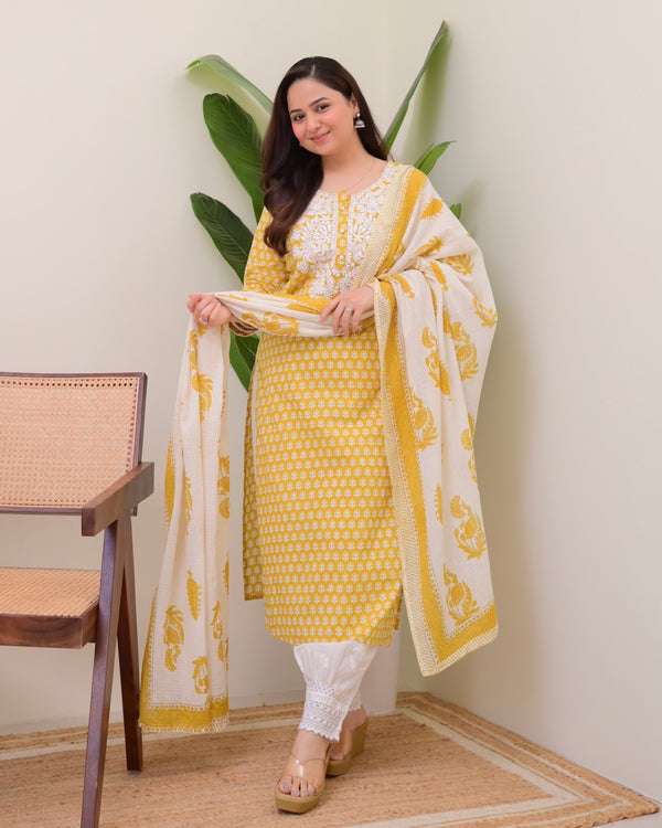 Yellow Lucknowi Cotton Gulnar Suit