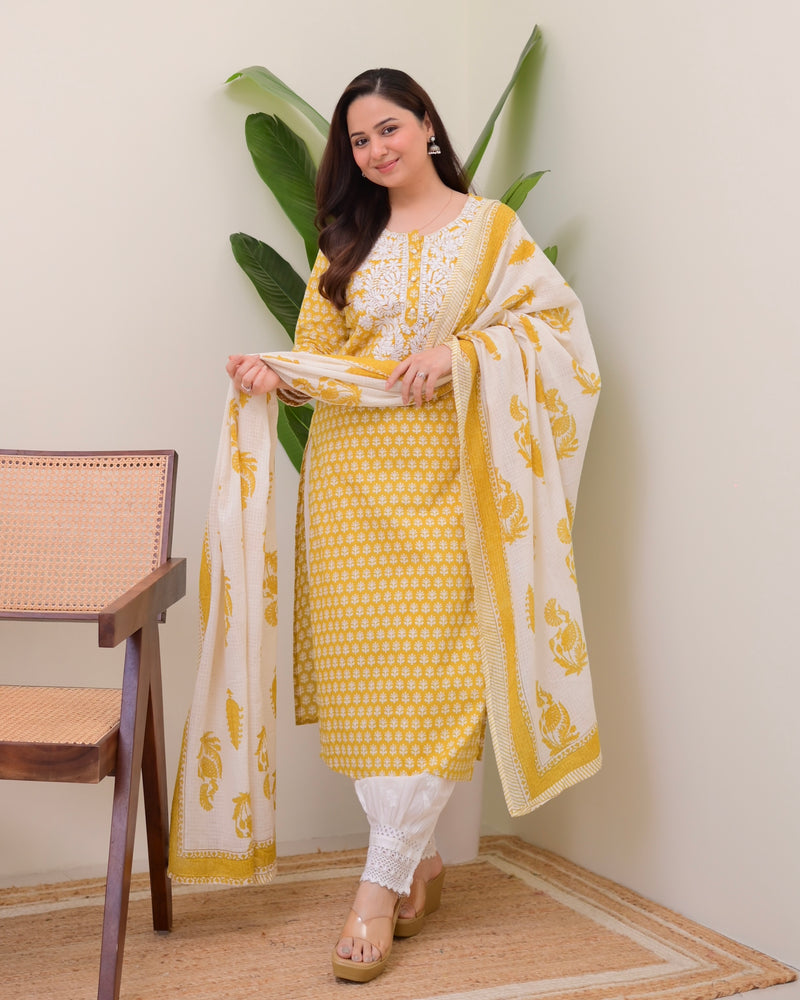 Yellow Lucknowi Cotton Gulnar Suit