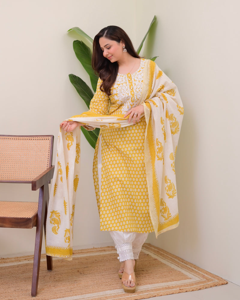 Yellow Lucknowi Cotton Gulnar Suit