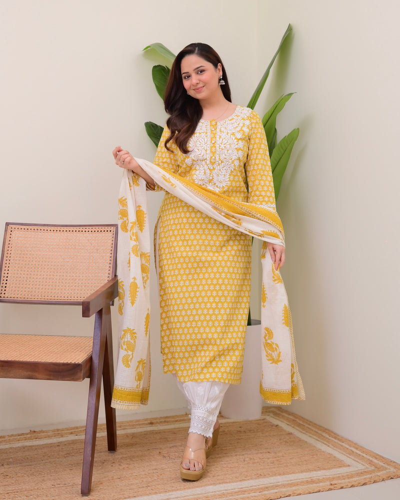 Yellow Lucknowi Cotton Gulnar Suit