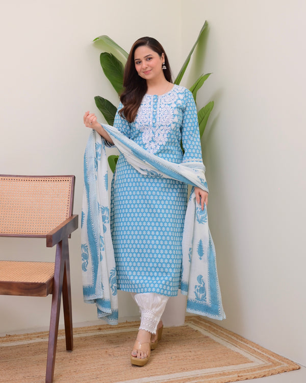 Powder Blue Lucknowi Cotton Gulnar Suit