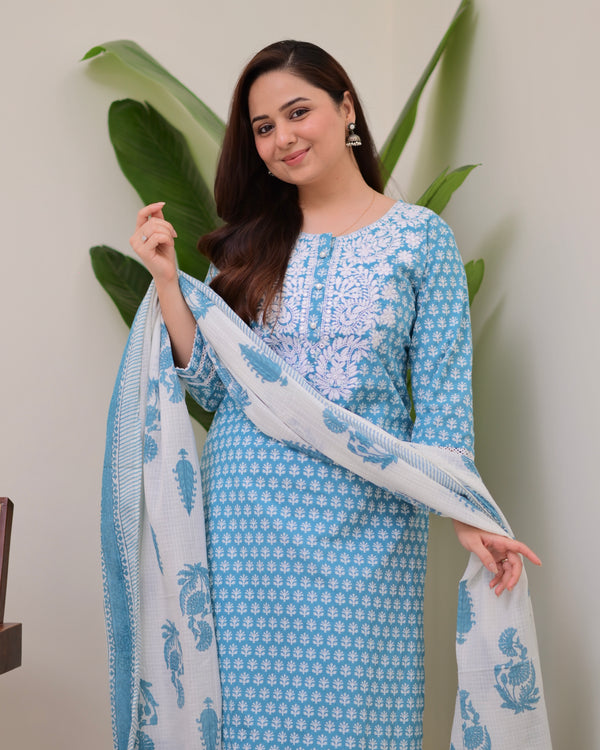 Powder Blue Lucknowi Cotton Gulnar Suit