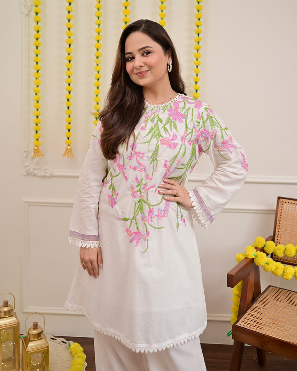 Vanilla Rose Floral Threadwork Mul Cotton Co-ord