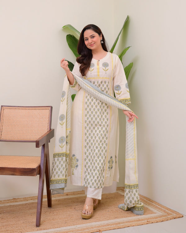 Ivory Yellow Floral Printed Premium Cotton Suit
