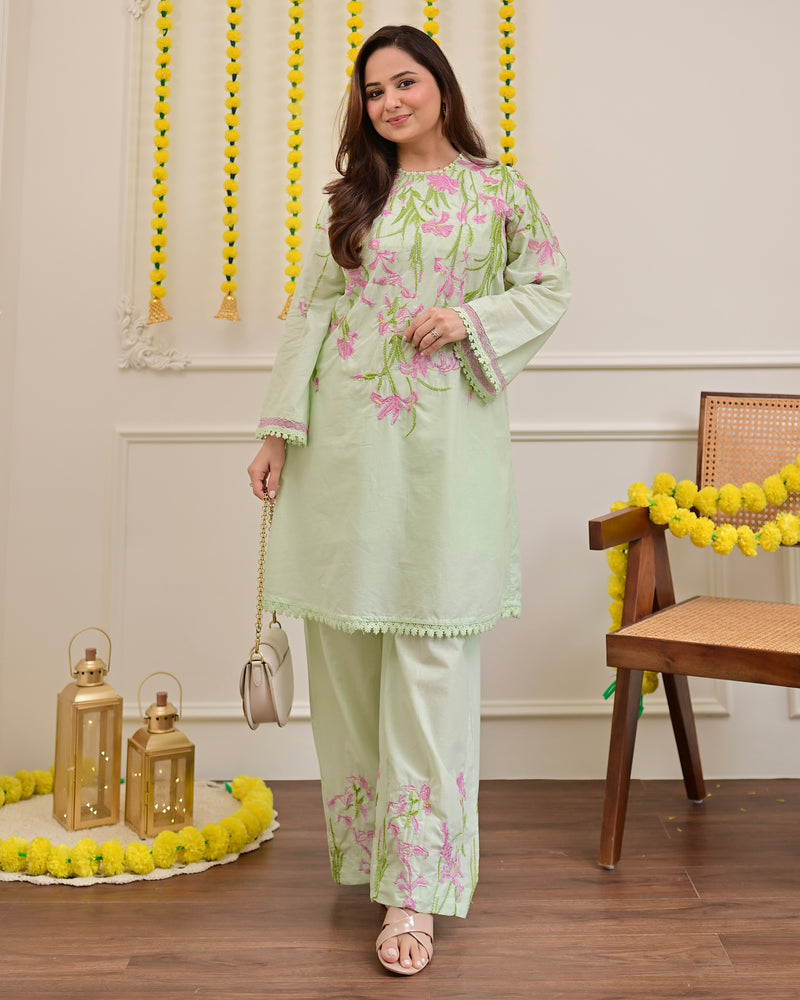 Misty Mint Floral Threadwork Mul Cotton Co-ord