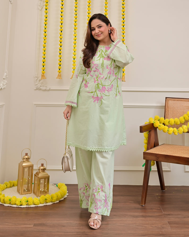 Misty Mint Floral Threadwork Mul Cotton Co-ord