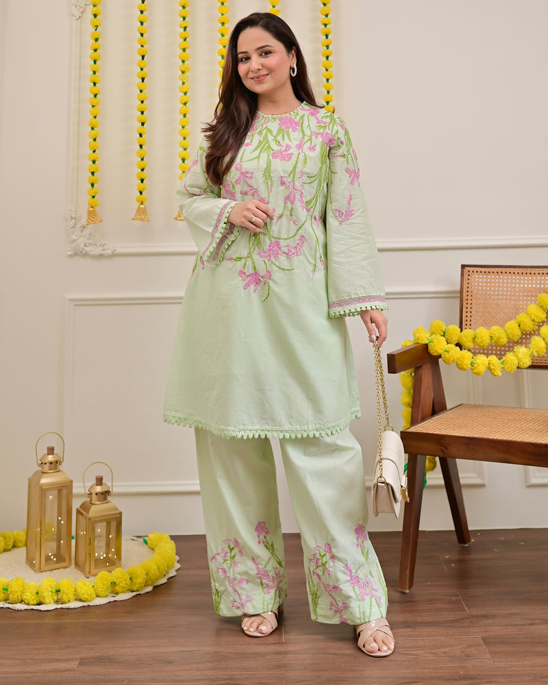 Misty Mint Floral Threadwork Mul Cotton Co-ord