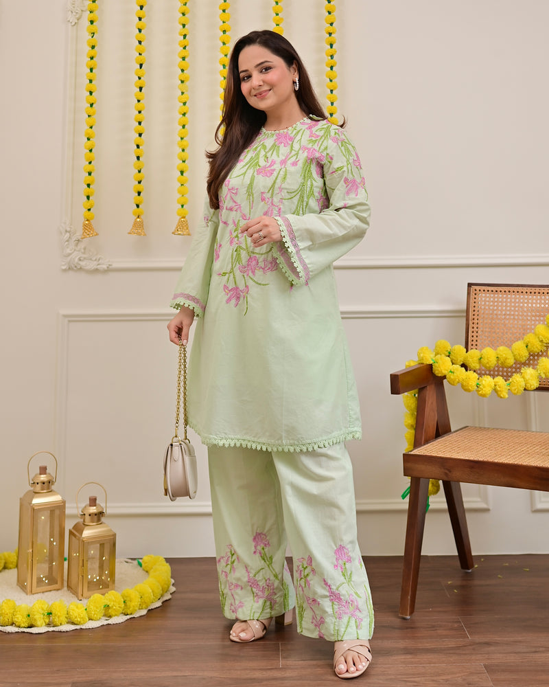 Misty Mint Floral Threadwork Mul Cotton Co-ord