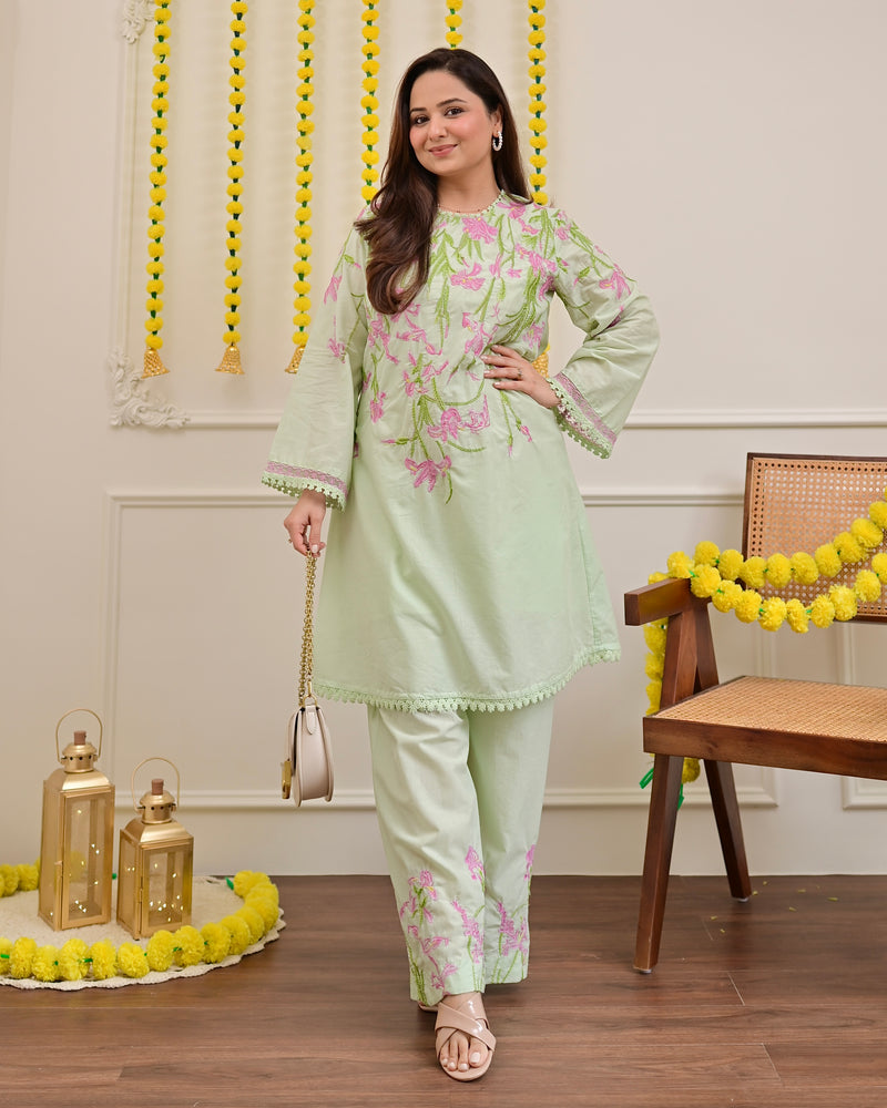 Misty Mint Floral Threadwork Mul Cotton Co-ord