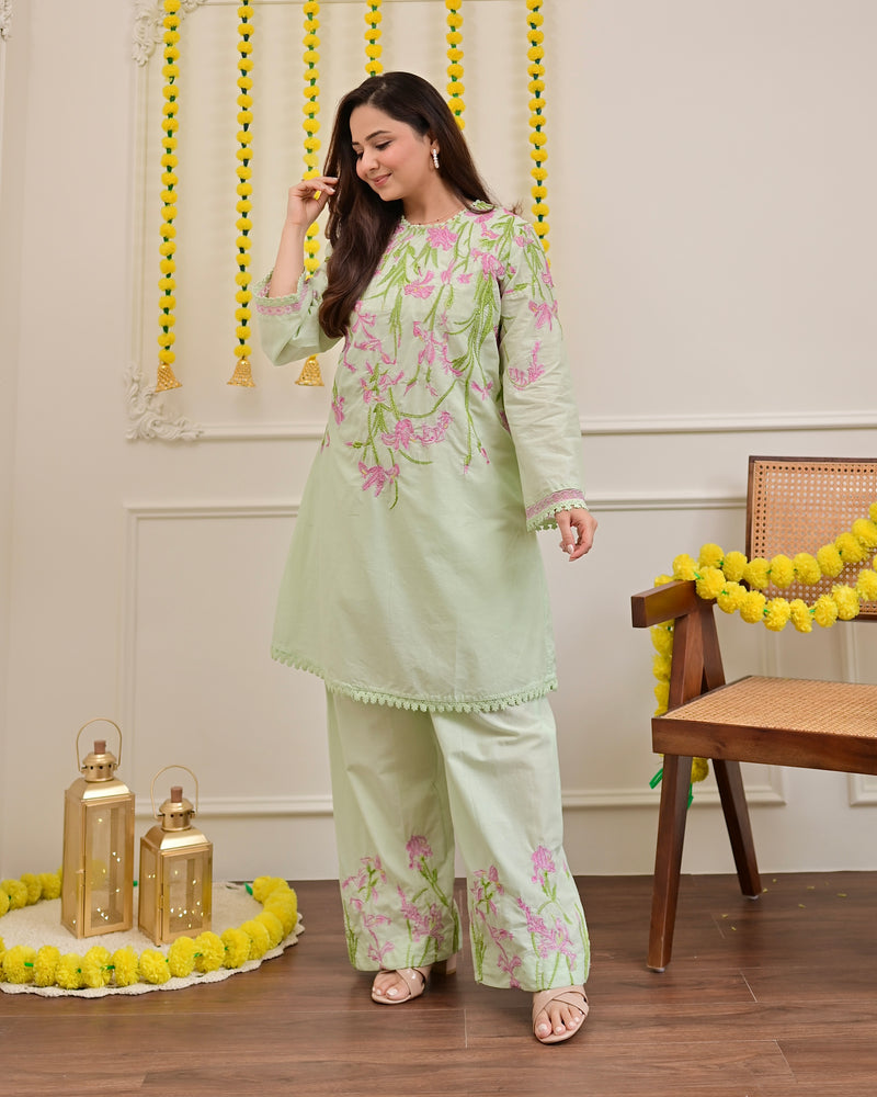 Misty Mint Floral Threadwork Mul Cotton Co-ord