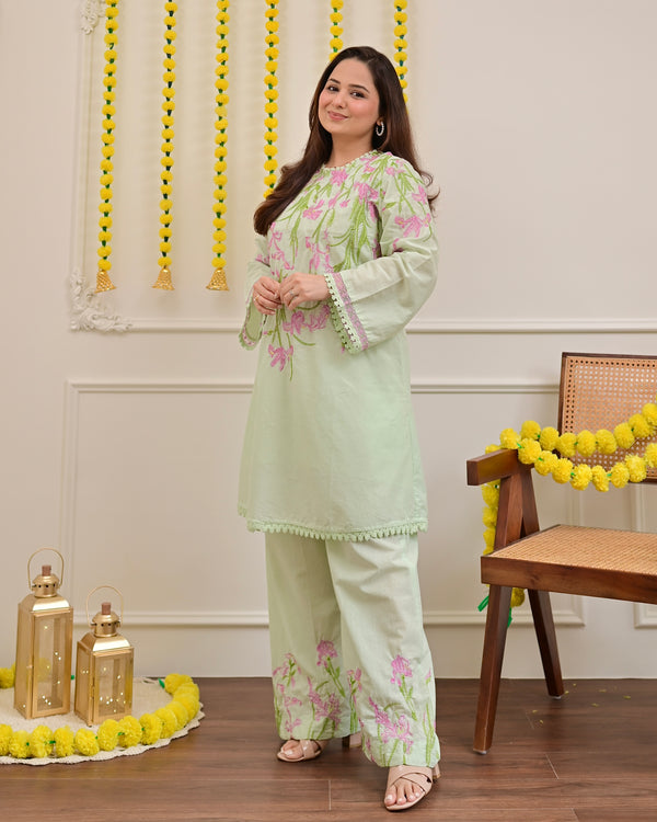 Misty Mint Floral Threadwork Mul Cotton Co-ord