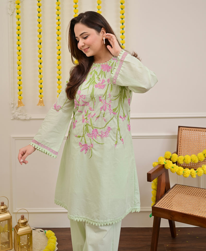 Misty Mint Floral Threadwork Mul Cotton Co-ord