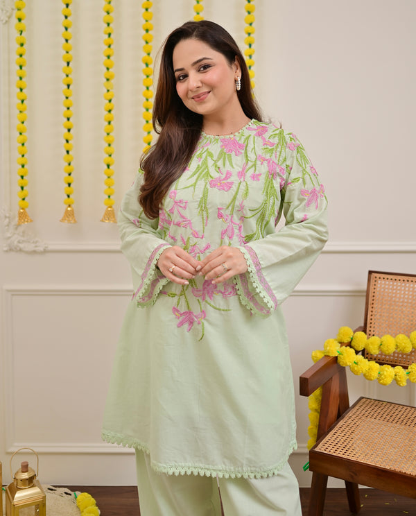Misty Mint Floral Threadwork Mul Cotton Co-ord