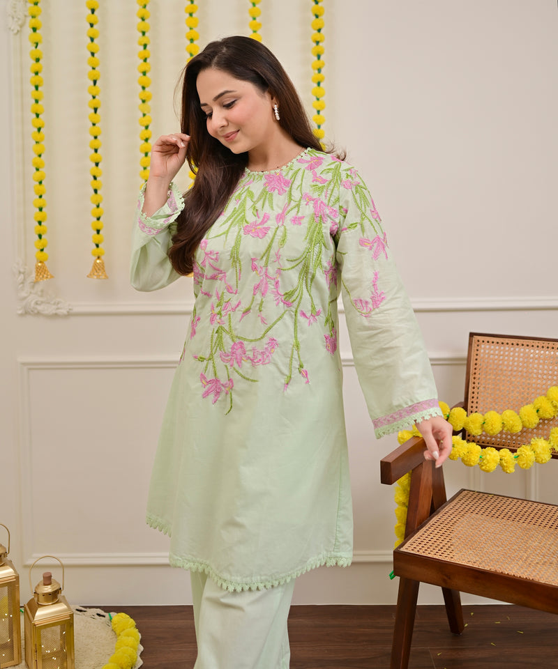 Misty Mint Floral Threadwork Mul Cotton Co-ord
