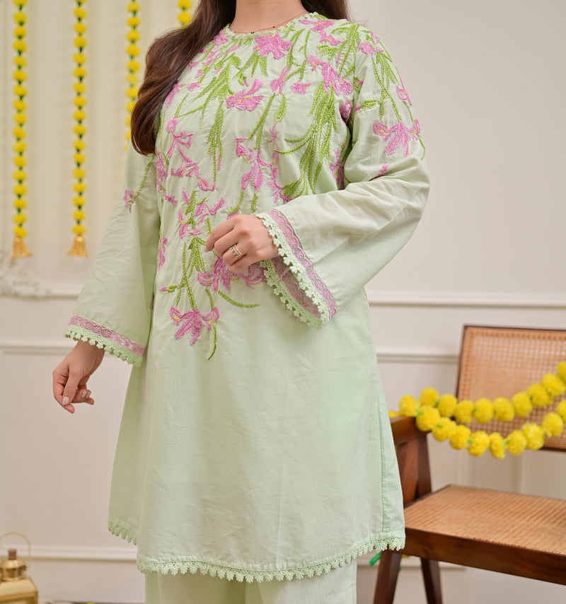 Misty Mint Floral Threadwork Mul Cotton Co-ord