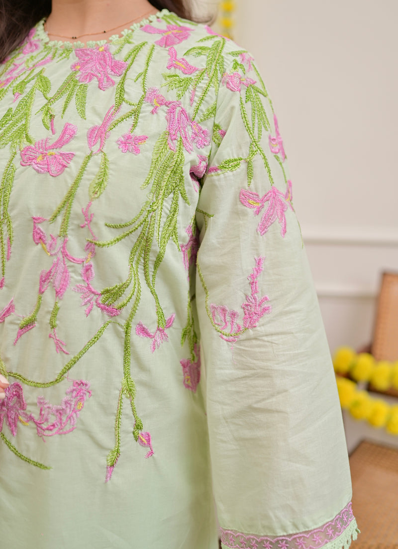 Misty Mint Floral Threadwork Mul Cotton Co-ord