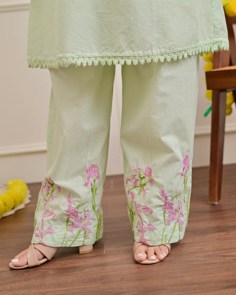 Misty Mint Floral Threadwork Mul Cotton Co-ord