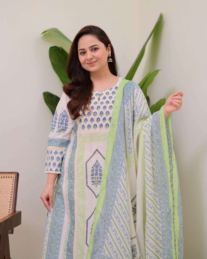 Ivory Blue Floral Printed Premium Cotton Suit