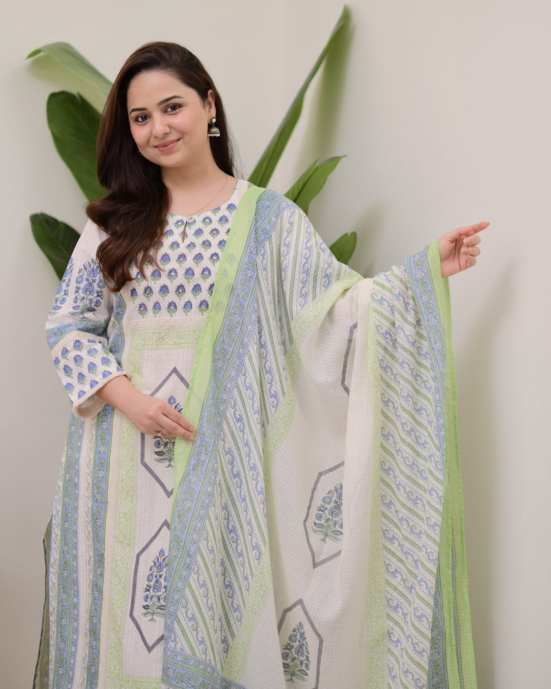 Ivory Blue Floral Printed Premium Cotton Suit