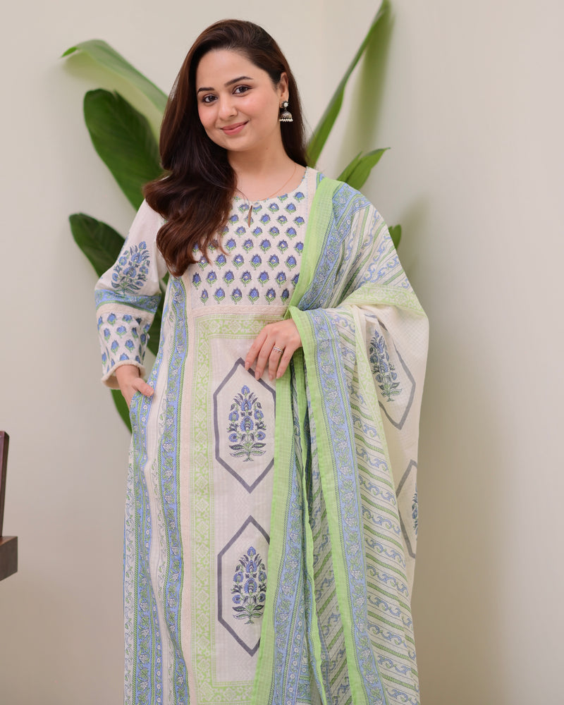Ivory Blue Floral Printed Premium Cotton Suit
