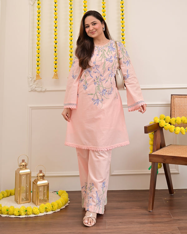 Peachy Pink Floral Threadwork Mul Cotton Co-ord