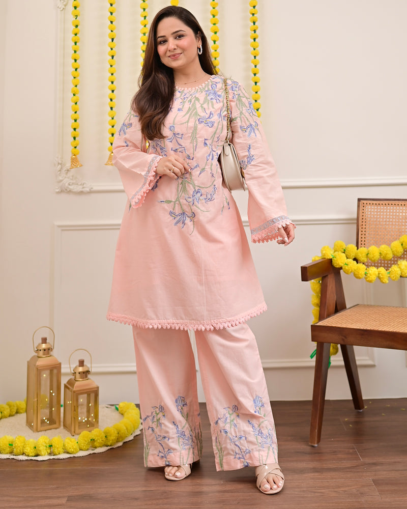 Peachy Pink Floral Threadwork Mul Cotton Co-ord