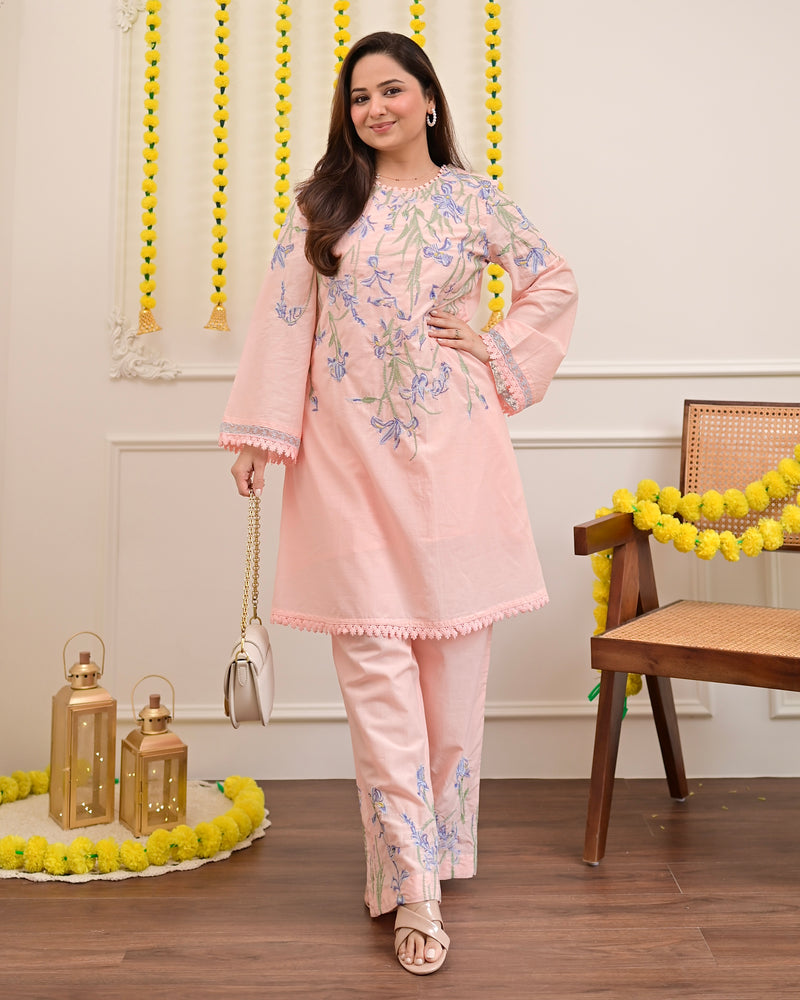 Peachy Pink Floral Threadwork Mul Cotton Co-ord
