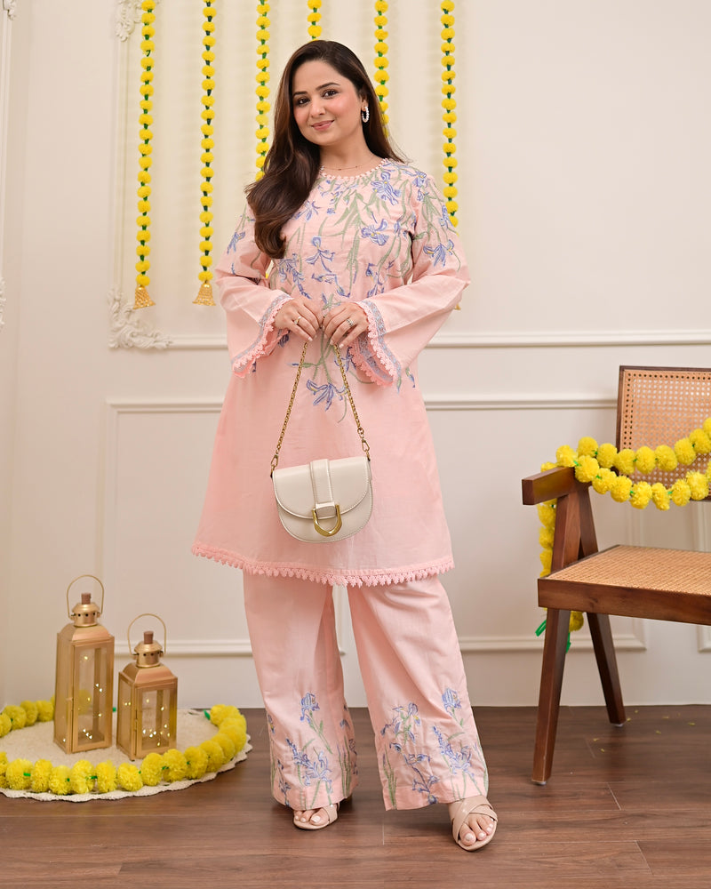 Peachy Pink Floral Threadwork Mul Cotton Co-ord