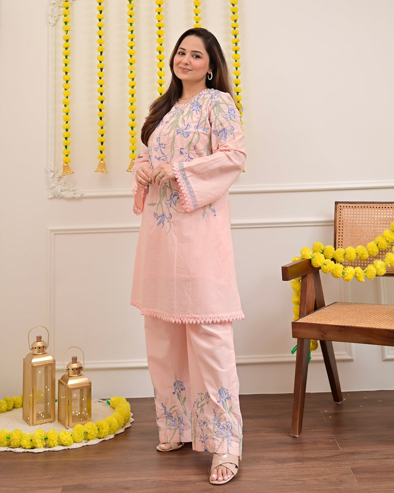 Peachy Pink Floral Threadwork Mul Cotton Co-ord