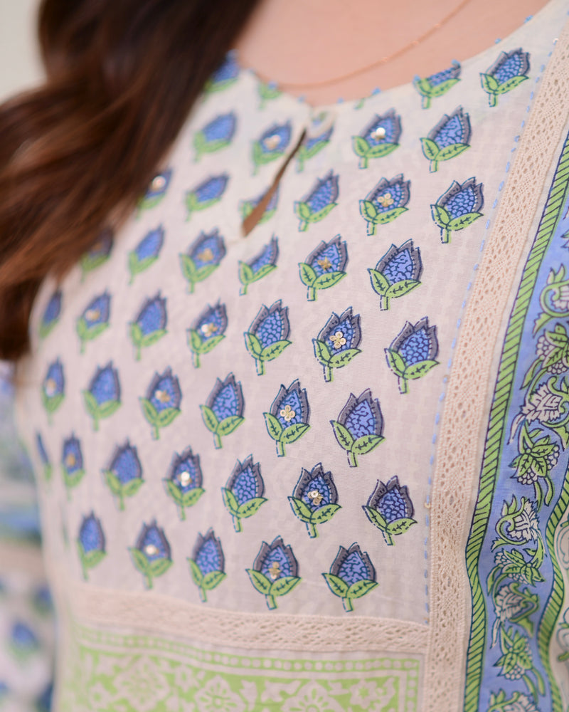 Ivory Blue Floral Printed Premium Cotton Suit