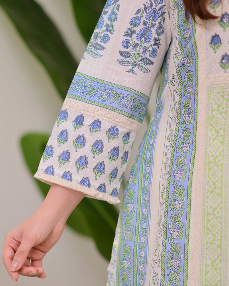 Ivory Blue Floral Printed Premium Cotton Suit