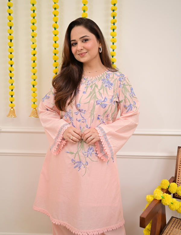 Peachy Pink Floral Threadwork Mul Cotton Co-ord