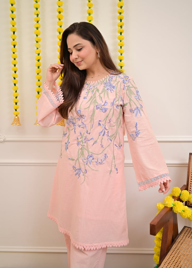 Peachy Pink Floral Threadwork Mul Cotton Co-ord