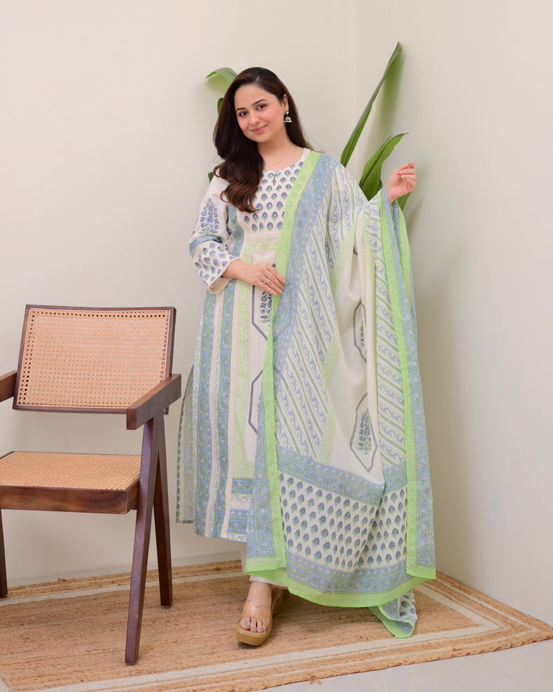 Ivory Blue Floral Printed Premium Cotton Suit