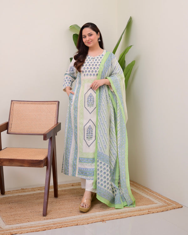 Ivory Blue Floral Printed Premium Cotton Suit