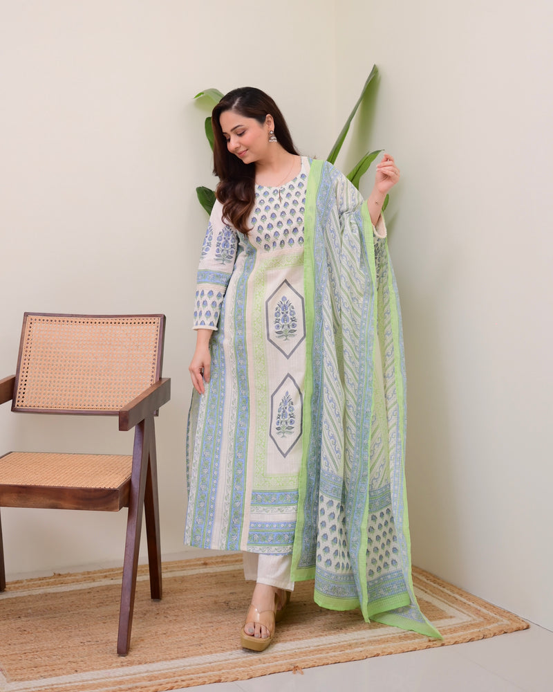 Ivory Blue Floral Printed Premium Cotton Suit