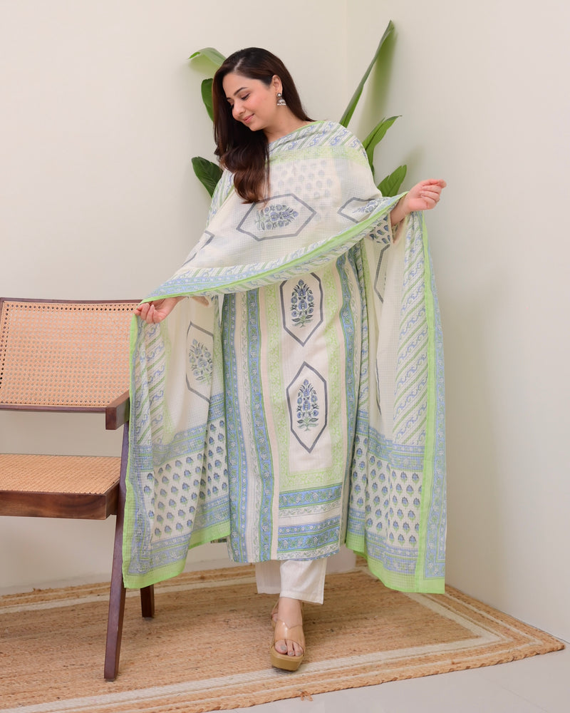 Ivory Blue Floral Printed Premium Cotton Suit