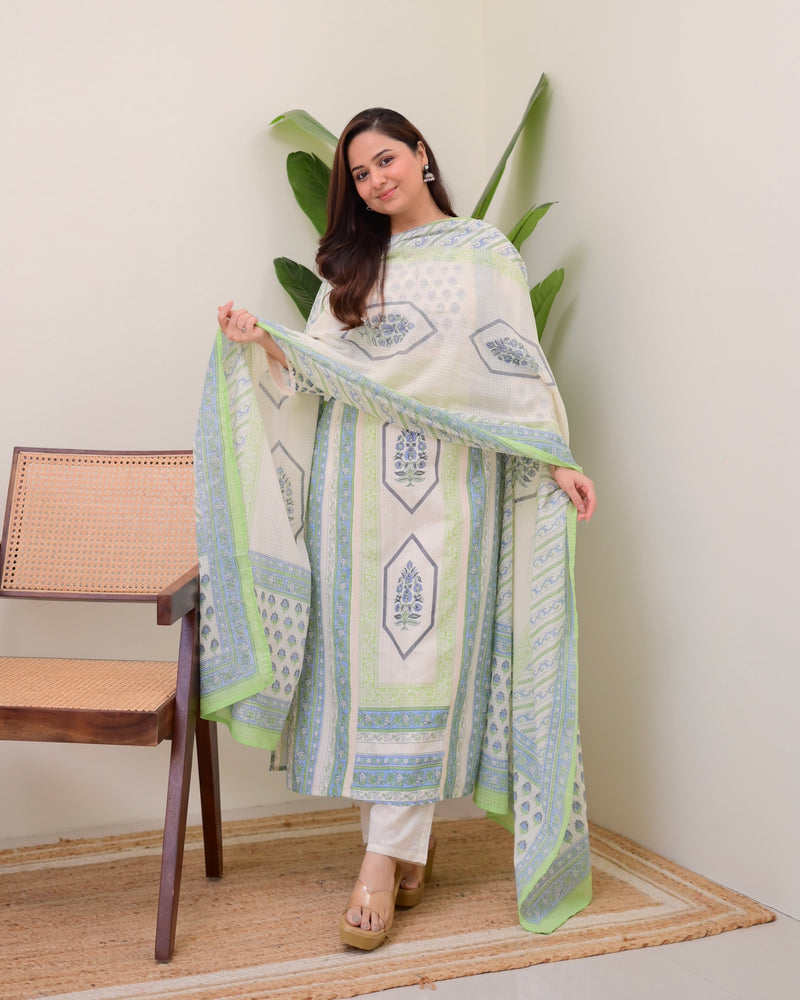 Ivory Blue Floral Printed Premium Cotton Suit