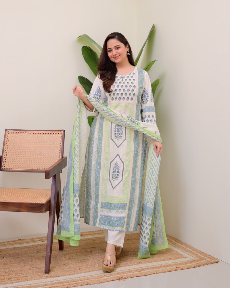 Ivory Blue Floral Printed Premium Cotton Suit