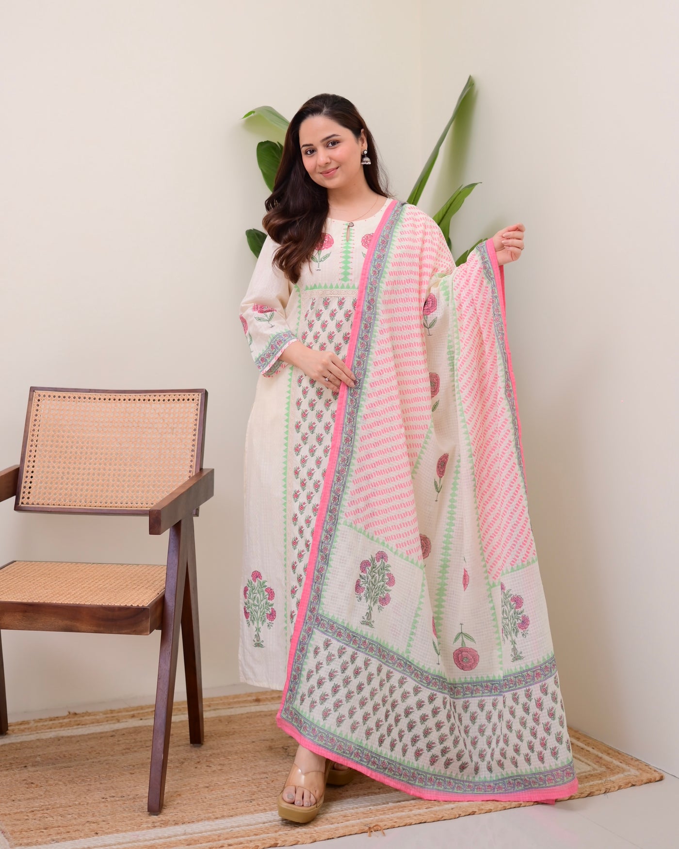 Ivory Pink Floral Printed Premium Cotton Suit