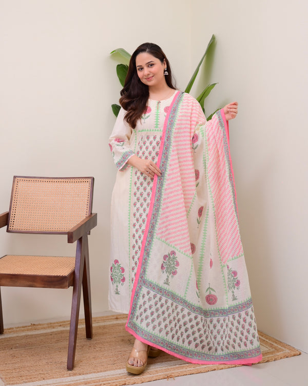 Ivory Pink Floral Printed Premium Cotton Suit