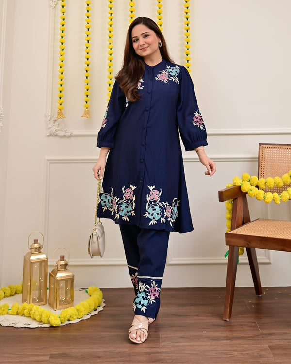 Navy Roman Silk Handwork Festive Co-ord