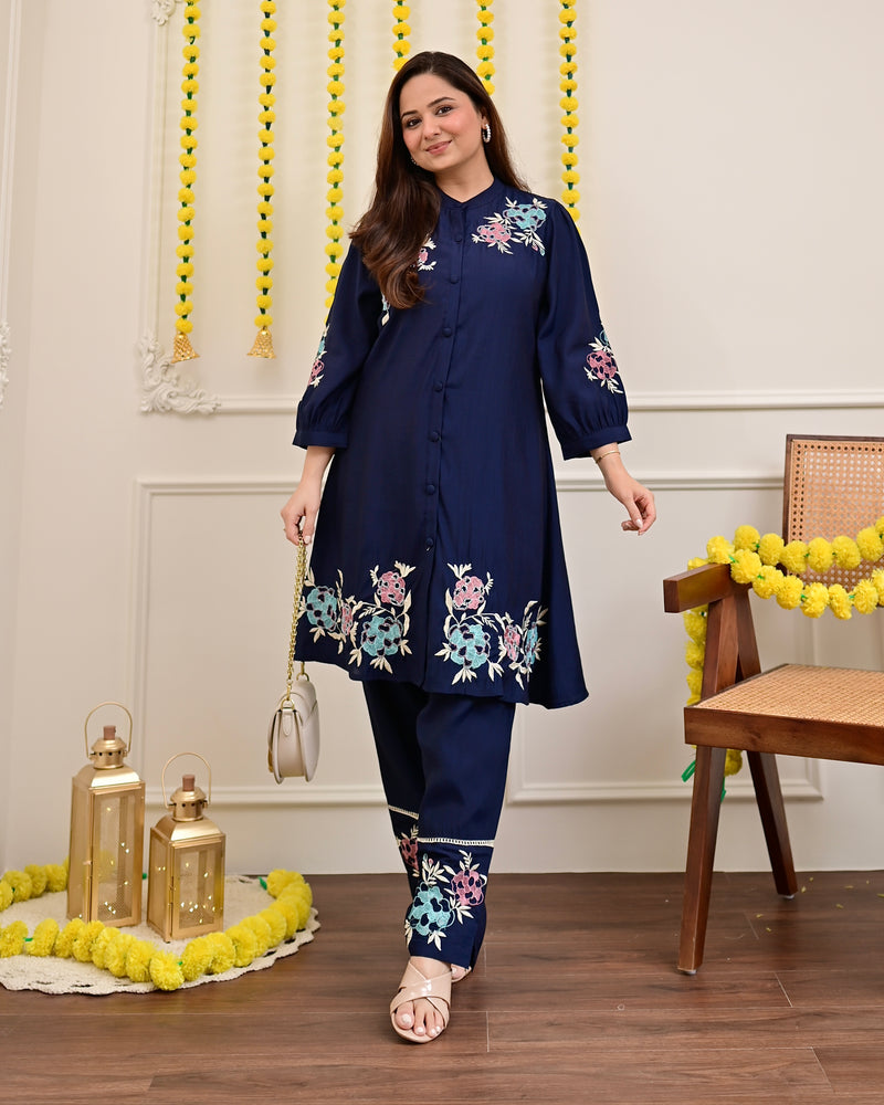 Navy Roman Silk Handwork Festive Co-ord