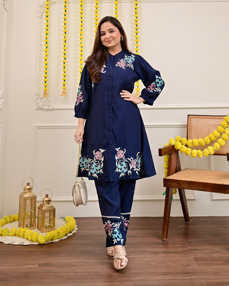 Navy Roman Silk Handwork Festive Co-ord
