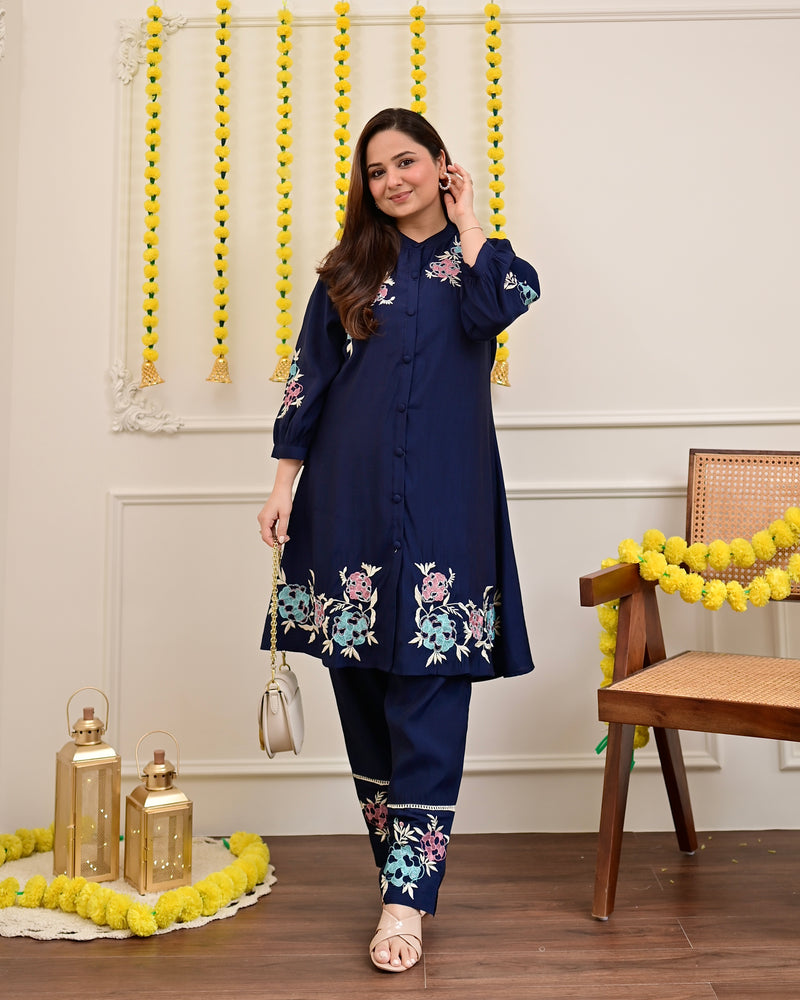 Navy Roman Silk Handwork Festive Co-ord