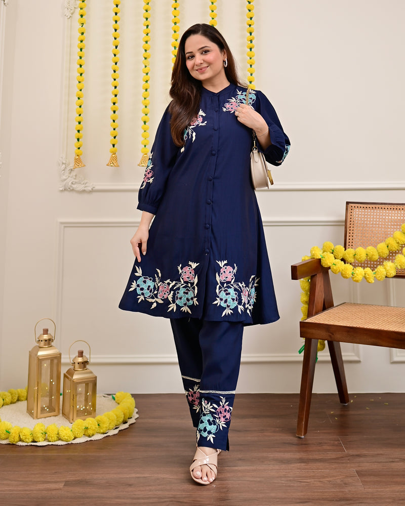Navy Roman Silk Handwork Festive Co-ord