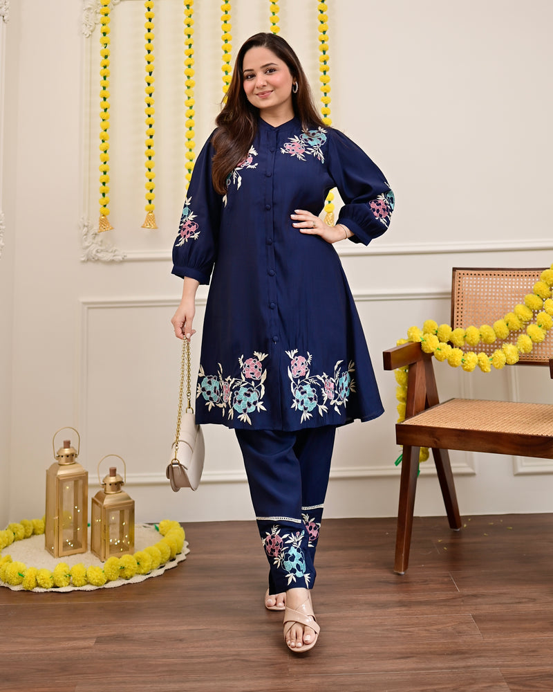 Navy Roman Silk Handwork Festive Co-ord
