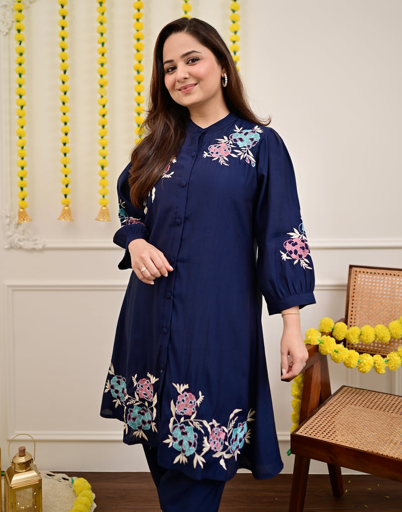 Navy Roman Silk Handwork Festive Co-ord
